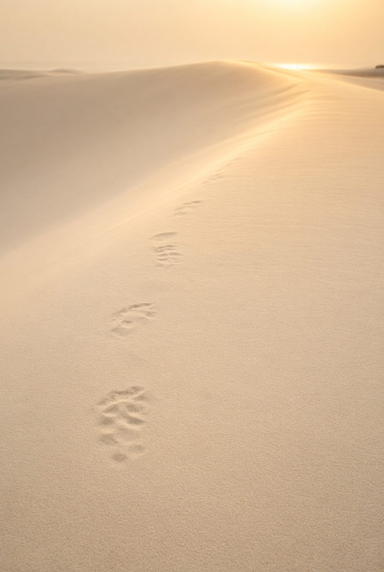 A trail of footprints climbing a pale dune toward low sunlight on the ridge.